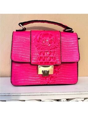 HANDBAG ~ Pink Croc-Embossed Handbag w/Crossbody Strap and Pinstripe Lining